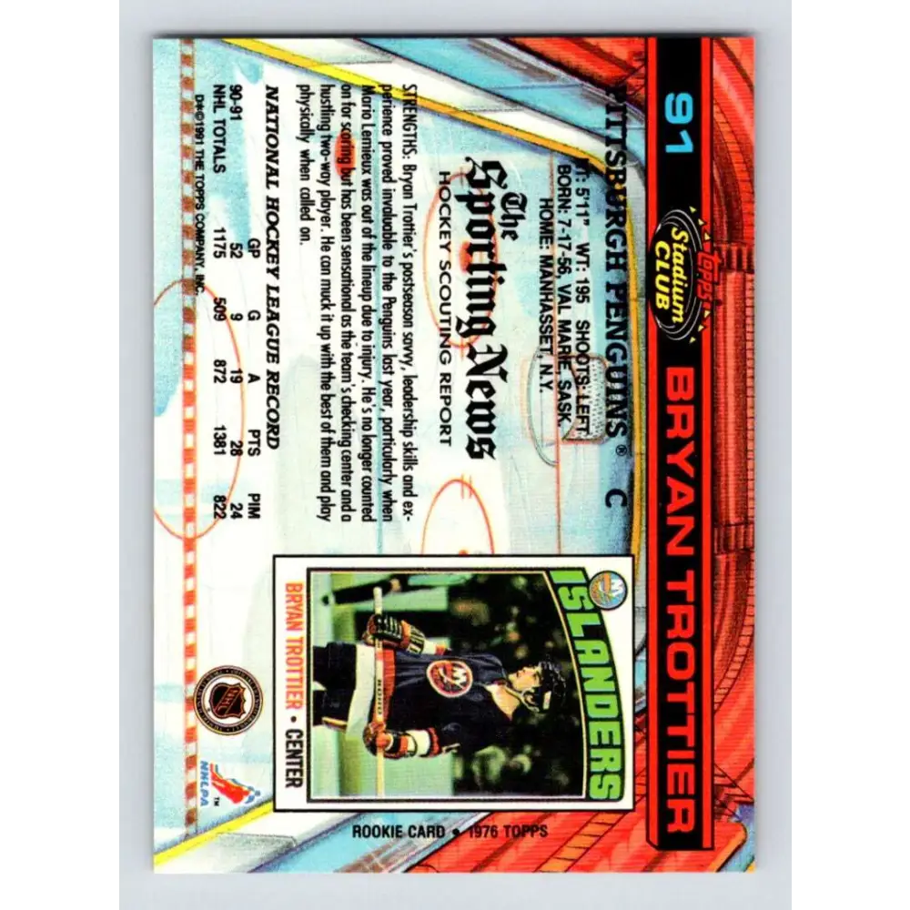 1991-92 Topps Stadium Club #91 Bryan Trottier NM-MT Pittsburgh Penguins Hockey Card Image 2