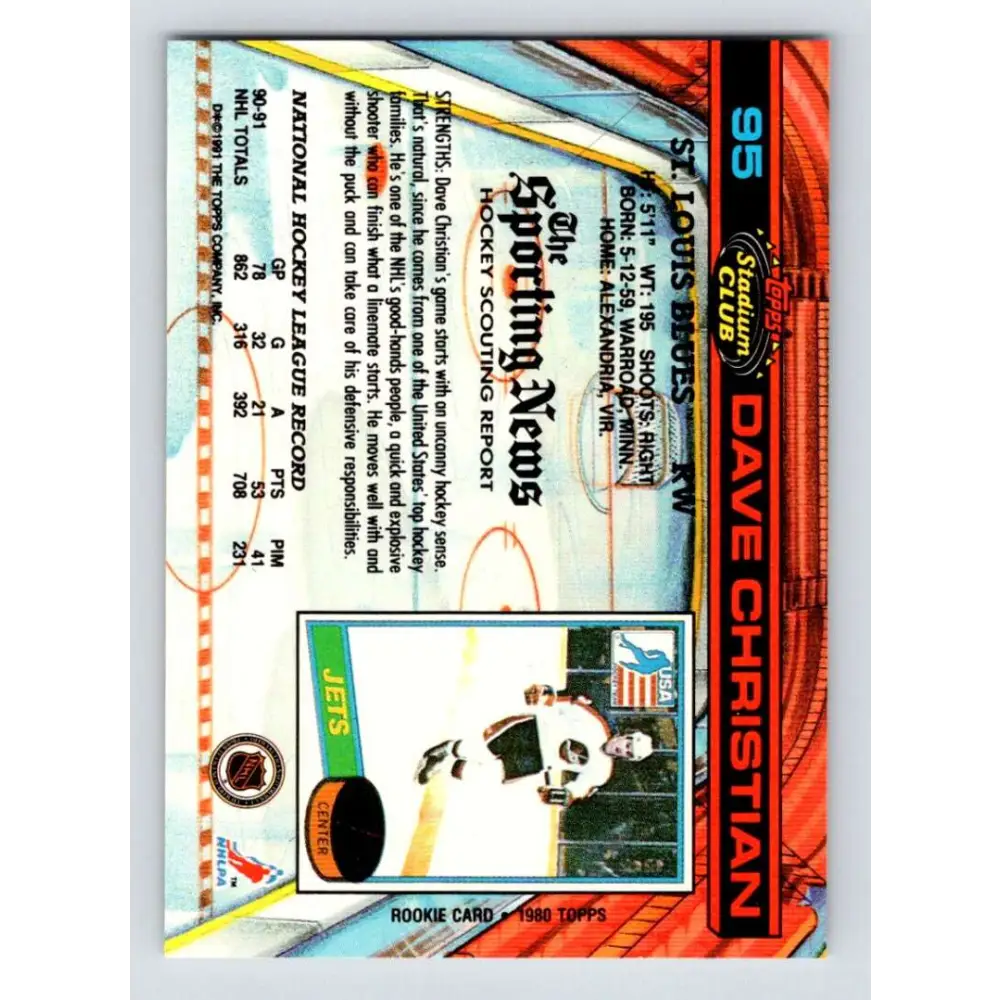 1991-92 Topps Stadium Club #95 Dave Christian NM-MT St. Louis Blues Hockey Card Image 2