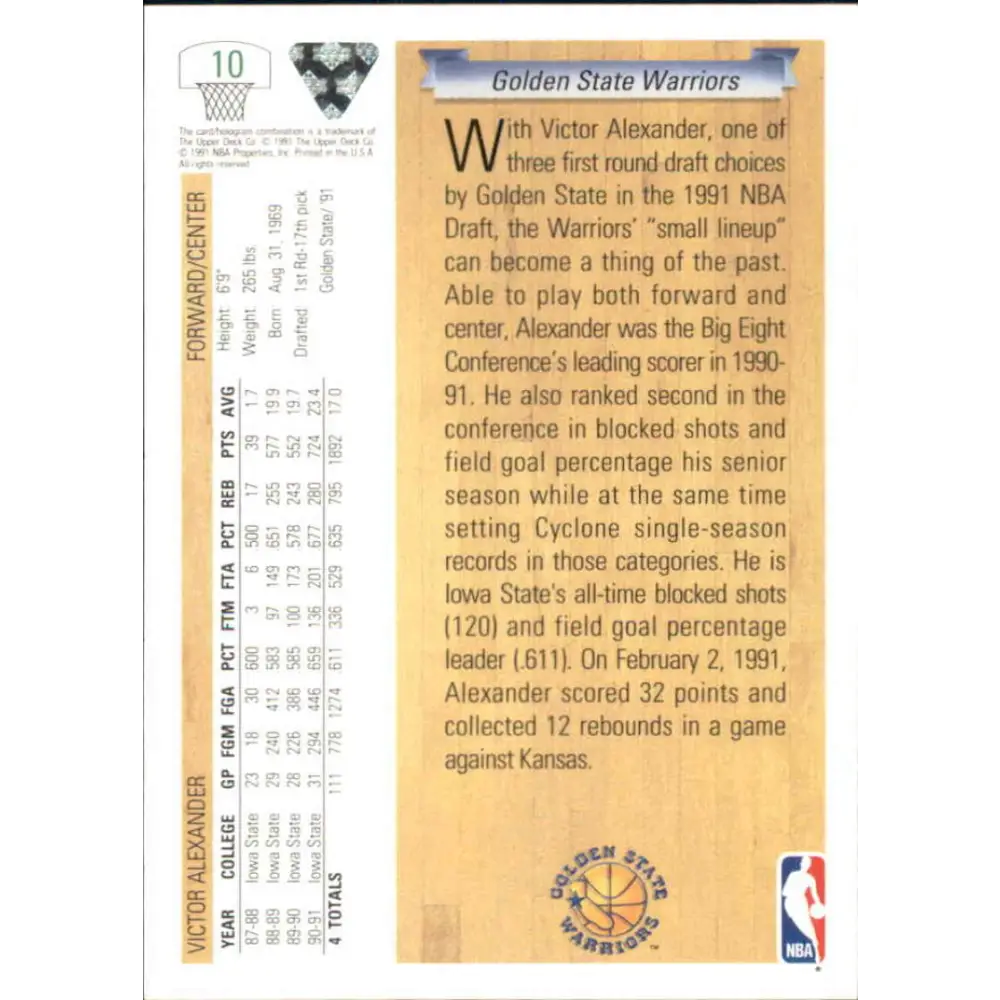 1991-92 Upper Deck #10 Victor Alexander NM-MT RC Rookie Golden State Warriors Basketball Card Image 2