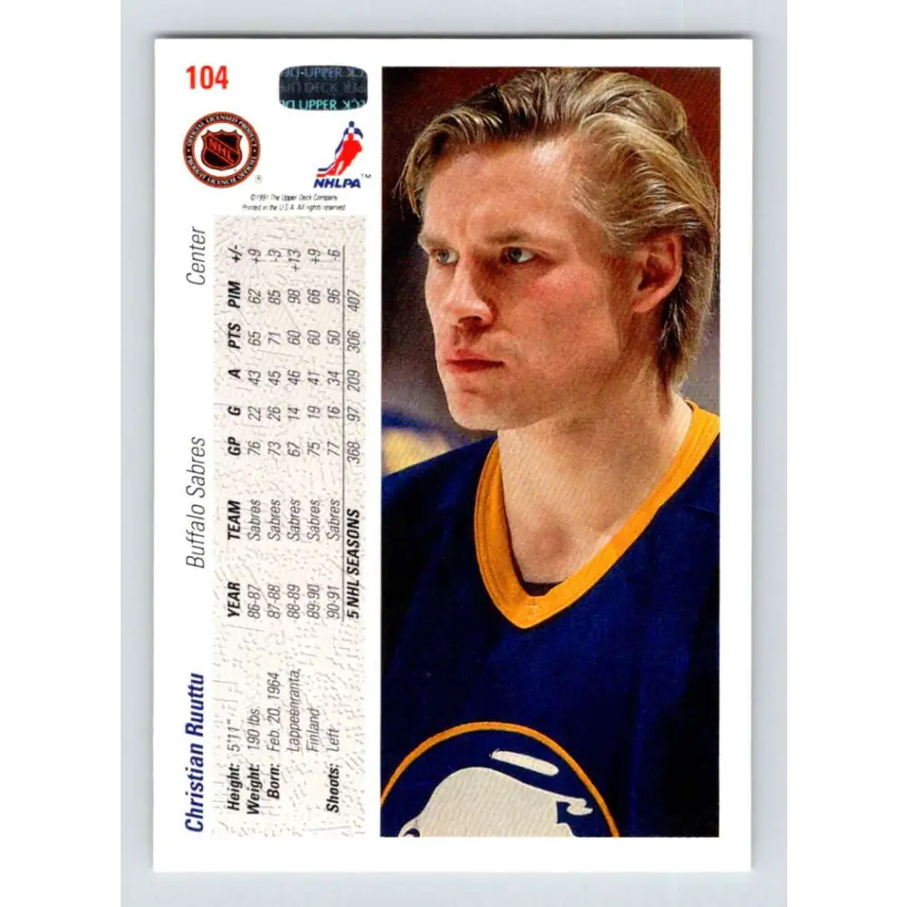 1991-92 Upper Deck #104 Christian Ruuttu NM-MT Buffalo Sabres Hockey Card Image 2