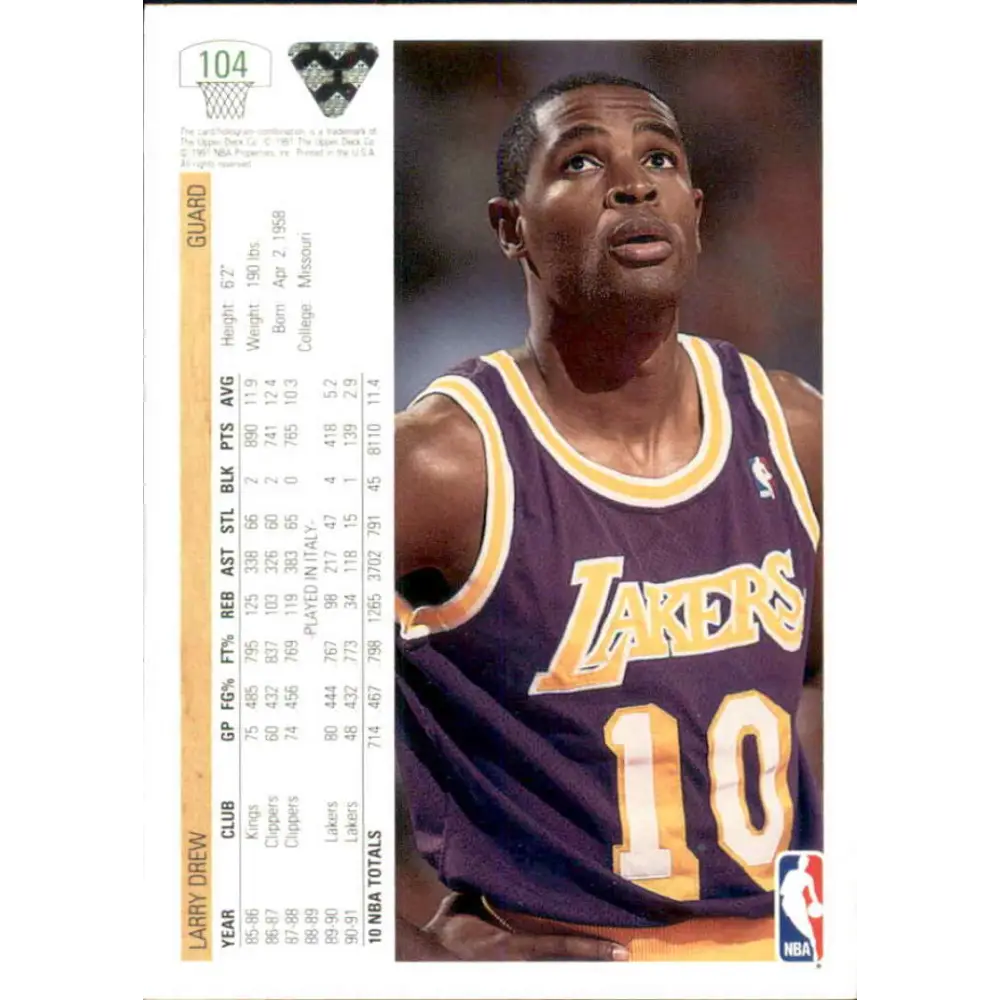 1991-92 Upper Deck #104 Larry Drew NM-MT Los Angeles Lakers Basketball Card Image 2