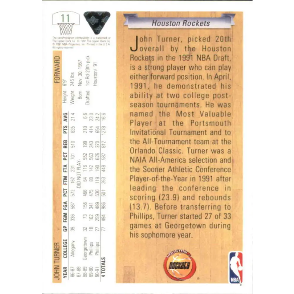 1991-92 Upper Deck #11 John Turner NM-MT Houston Rockets Basketball Card Image 2