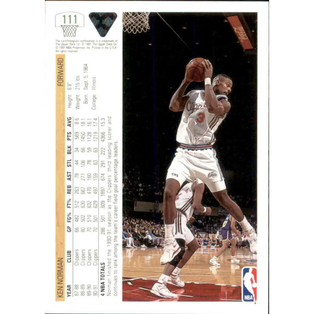1991-92 Upper Deck #111 Ken Norman NM-MT Los Angeles Clippers Basketball Card Image 2
