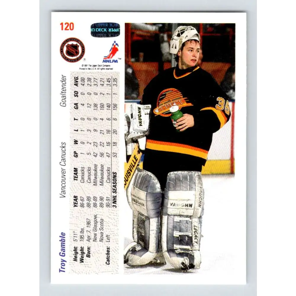 1991-92 Upper Deck #120 Troy Gamble NM-MT Vancouver Canucks Hockey Card Image 2