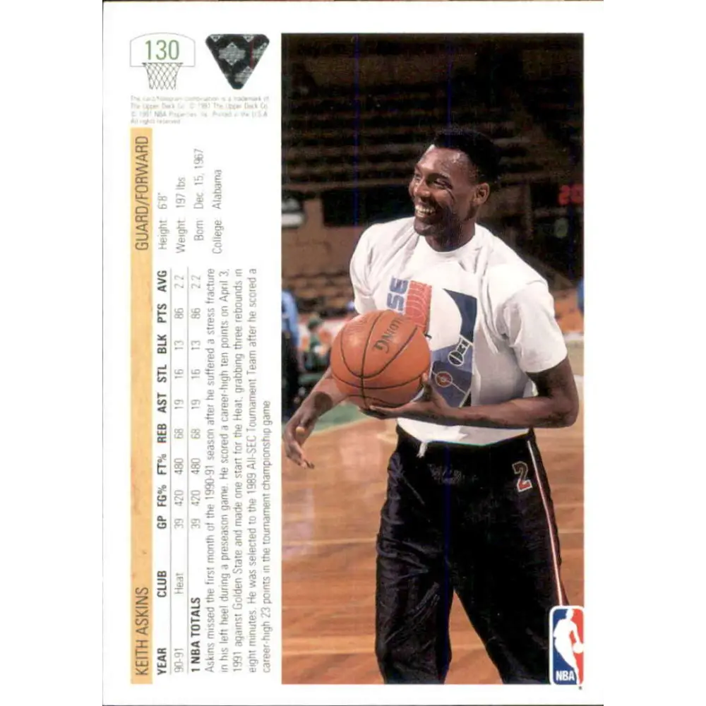 1991-92 Upper Deck #130 Keith Askins NM-MT RC Rookie Miami Heat Basketball Card Image 2