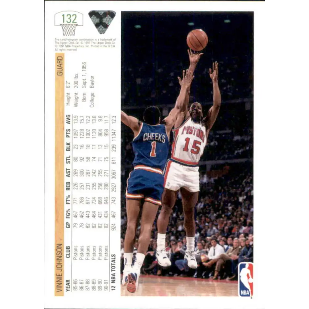 1991-92 Upper Deck #132 Vinnie Johnson NM-MT Detroit Pistons Basketball Card Image 2