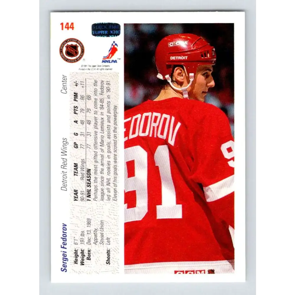 1991-92 Upper Deck #144 Sergei Fedorov NM-MT Detroit Red Wings Hockey Card Image 2
