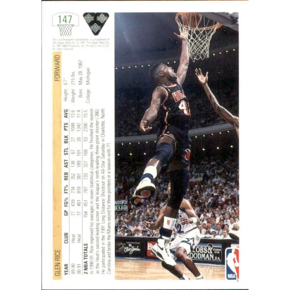 1991-92 Upper Deck #147 Glen Rice NM-MT Miami Heat Basketball Card Image 2