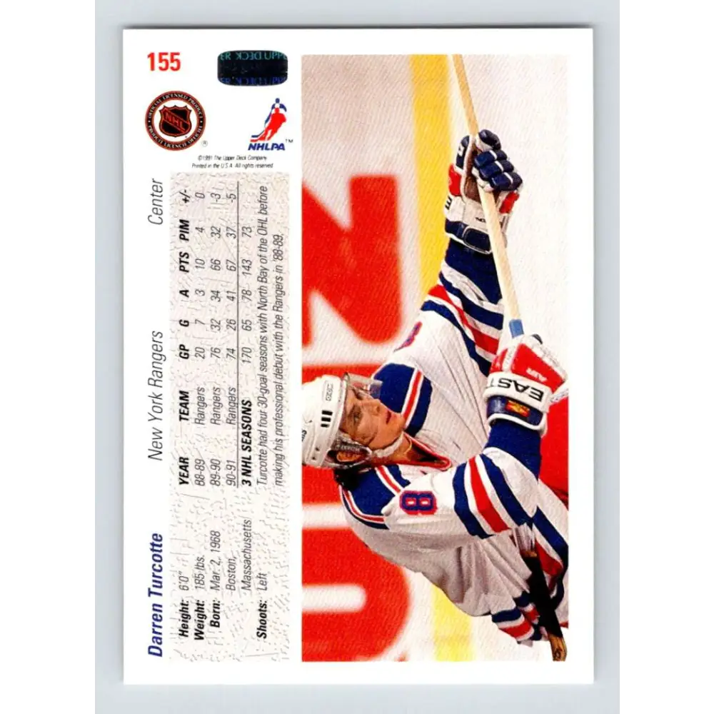 1991-92 Upper Deck #155 Darren Turcotte NM-MT New York Rangers Hockey Card Image 2