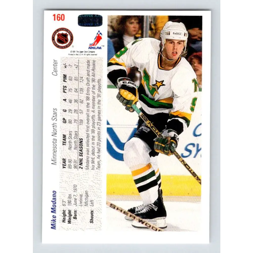 1991-92 Upper Deck #160 Mike Modano NM-MT Minnesota North Stars Hockey Card Image 2