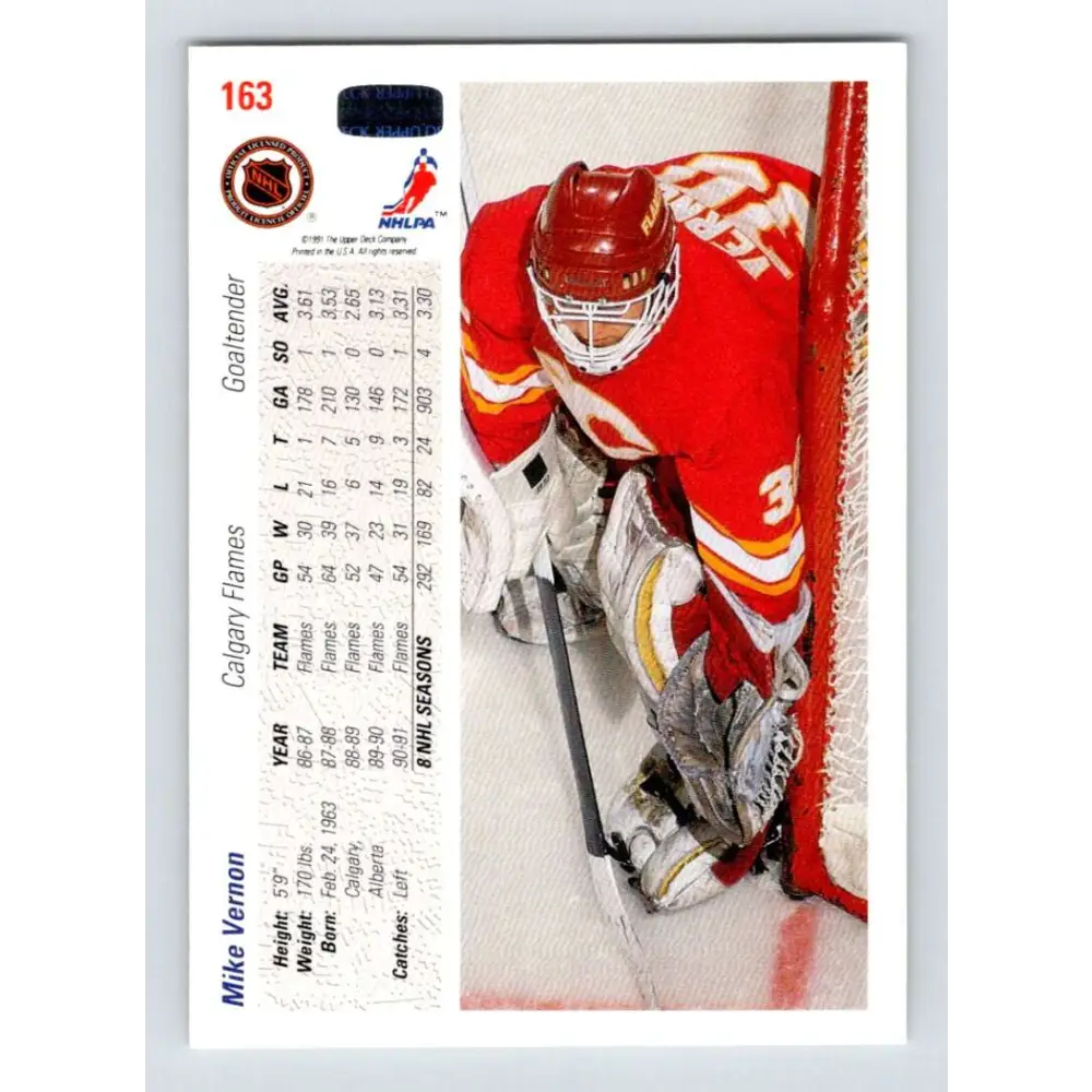 1991-92 Upper Deck #163 Mike Vernon NM-MT Calgary Flames Hockey Card Image 2