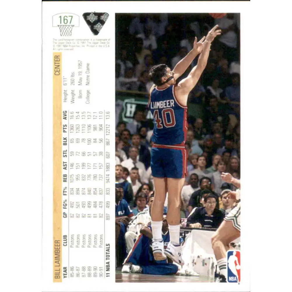 1991-92 Upper Deck #167 Bill Laimbeer NM-MT Detroit Pistons Basketball Card Image 2