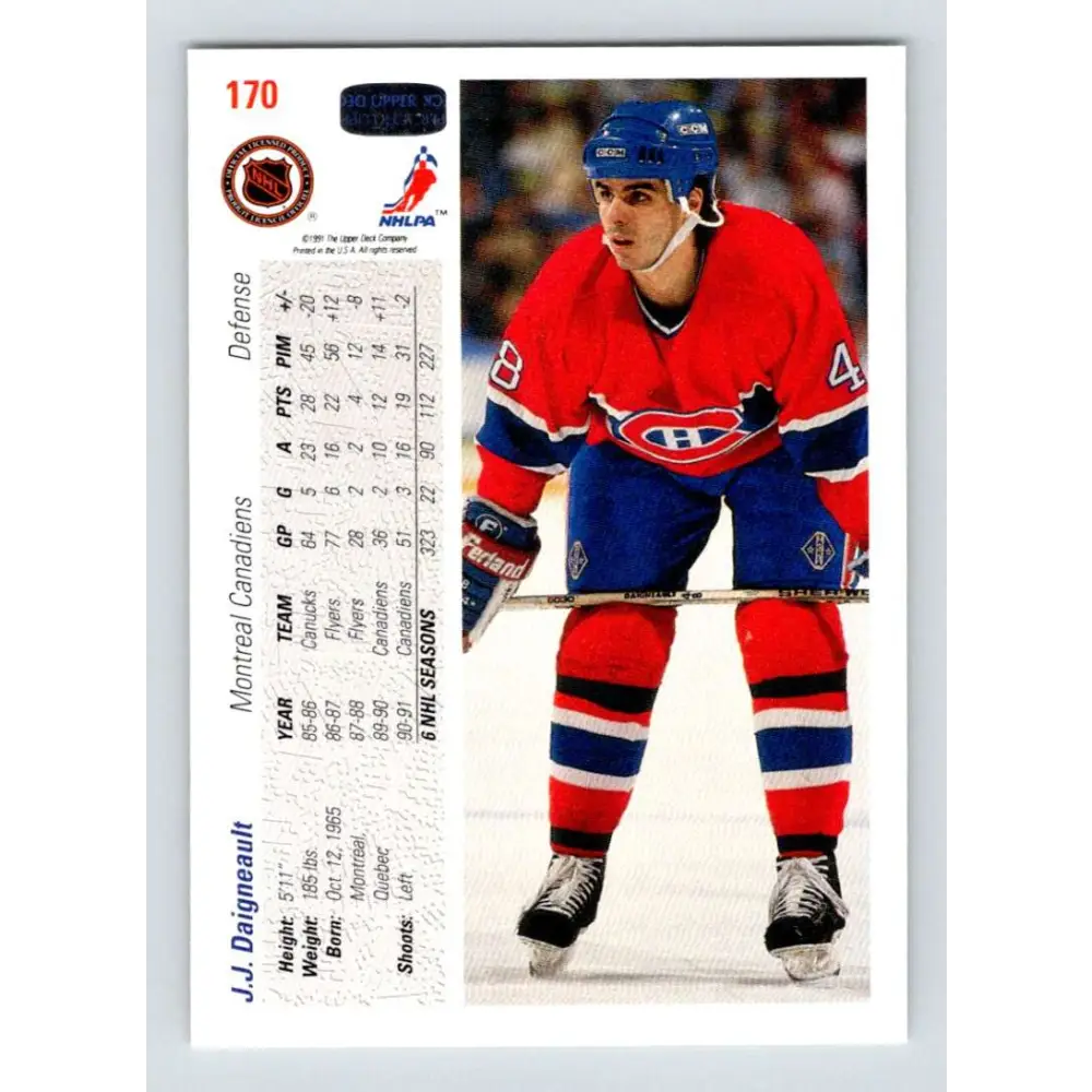 1991-92 Upper Deck #170 J.J. Daigneault NM-MT Montreal Canadiens Hockey Card Image 2