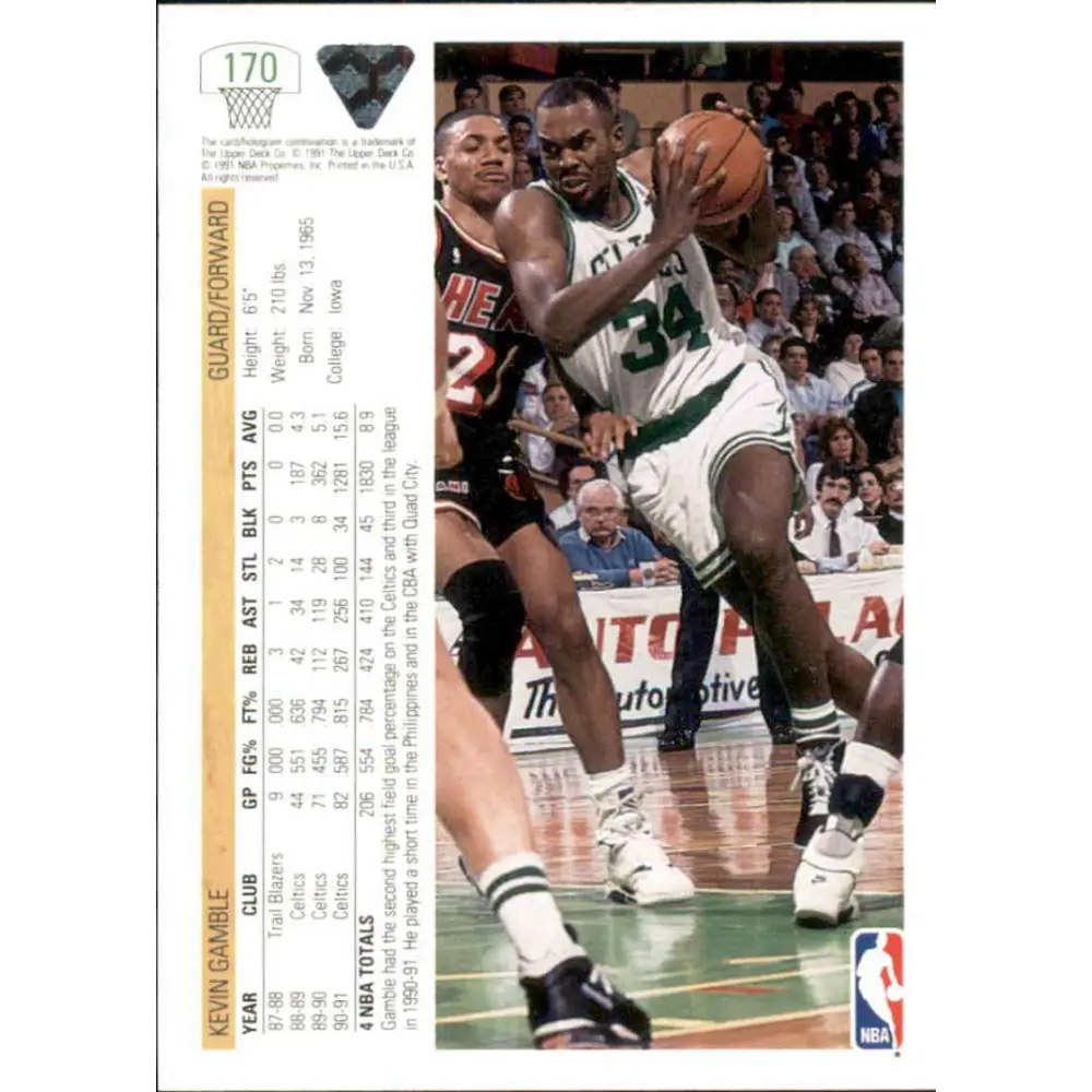1991-92 Upper Deck #170 Kevin Gamble NM-MT Boston Celtics Basketball Card Image 2