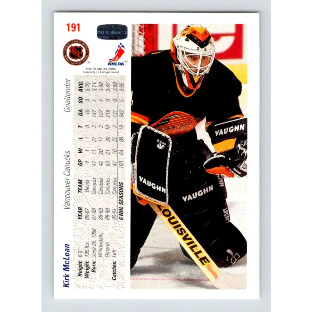 1991-92 Upper Deck #191 Kirk McLean NM-MT Vancouver Canucks Hockey Card Image 2