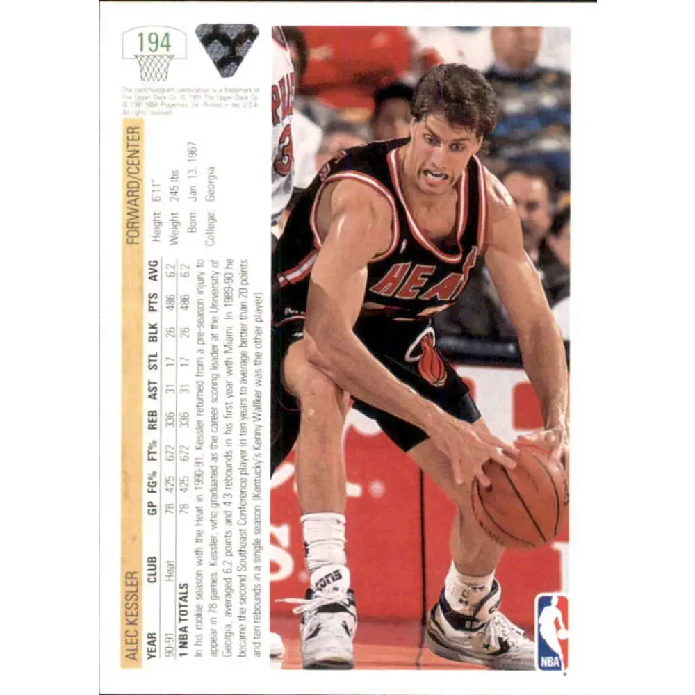 1991-92 Upper Deck #194 Alec Kessler NM-MT Miami Heat Basketball Card Image 2