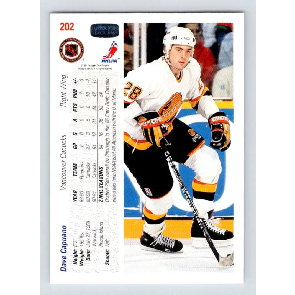 1991-92 Upper Deck #202 Dave Capuano NM-MT Vancouver Canucks Hockey Card Image 2