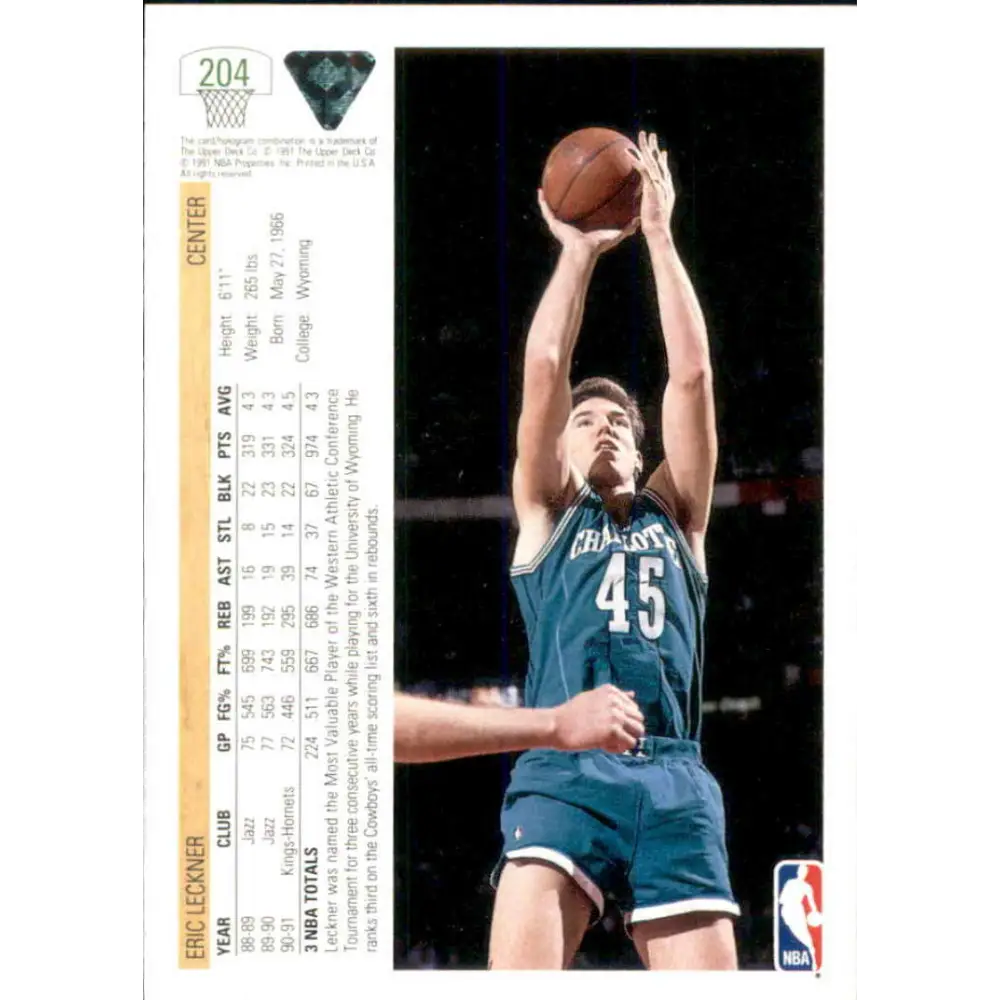1991-92 Upper Deck #204 Eric Leckner NM-MT Charlotte Hornets Basketball Card Image 2