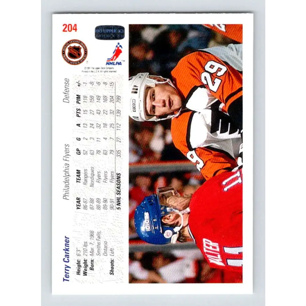 1991-92 Upper Deck #204 Terry Carkner NM-MT Philadelphia Flyers Hockey Card Image 2
