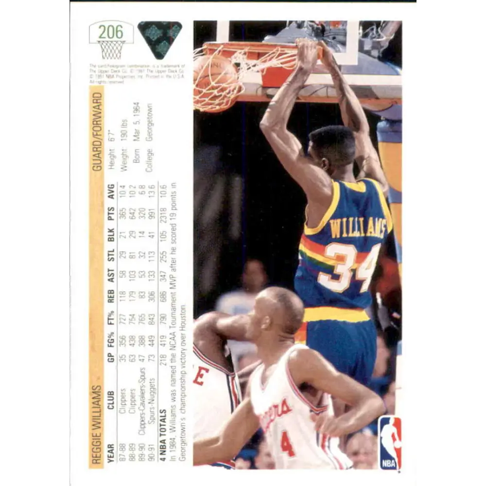 1991-92 Upper Deck #206 Reggie Williams NM-MT Denver Nuggets Basketball Card Image 2