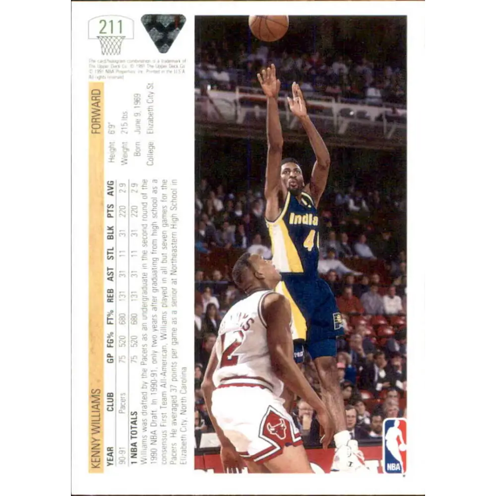 1991-92 Upper Deck #211 Kenny Williams NM-MT Indiana Pacers Basketball Card Image 2