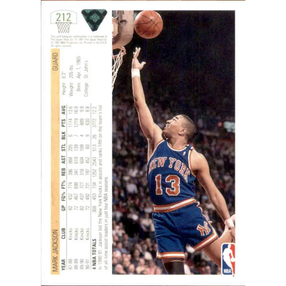 1991-92 Upper Deck #212 Mark Jackson NM-MT New York Knicks Basketball Card Image 2