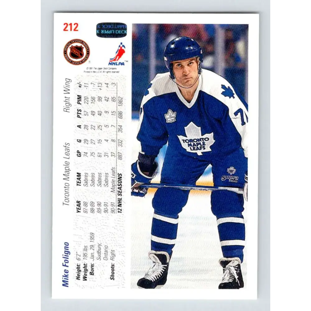 1991-92 Upper Deck #212 Mike Foligno NM-MT Hockey Card Image 2