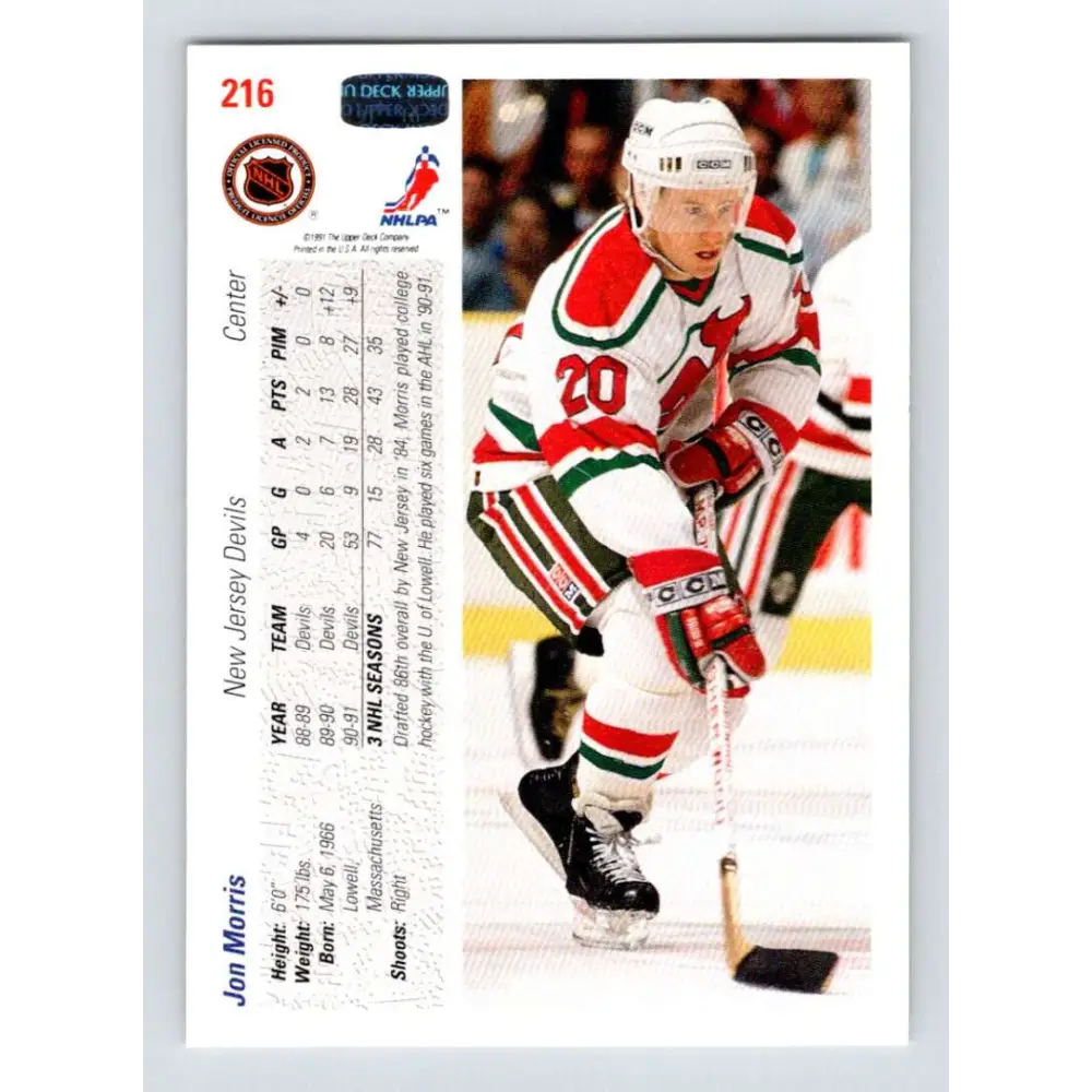 1991-92 Upper Deck #216 Jon Morris NM-MT New Jersey Devils Hockey Card Image 2