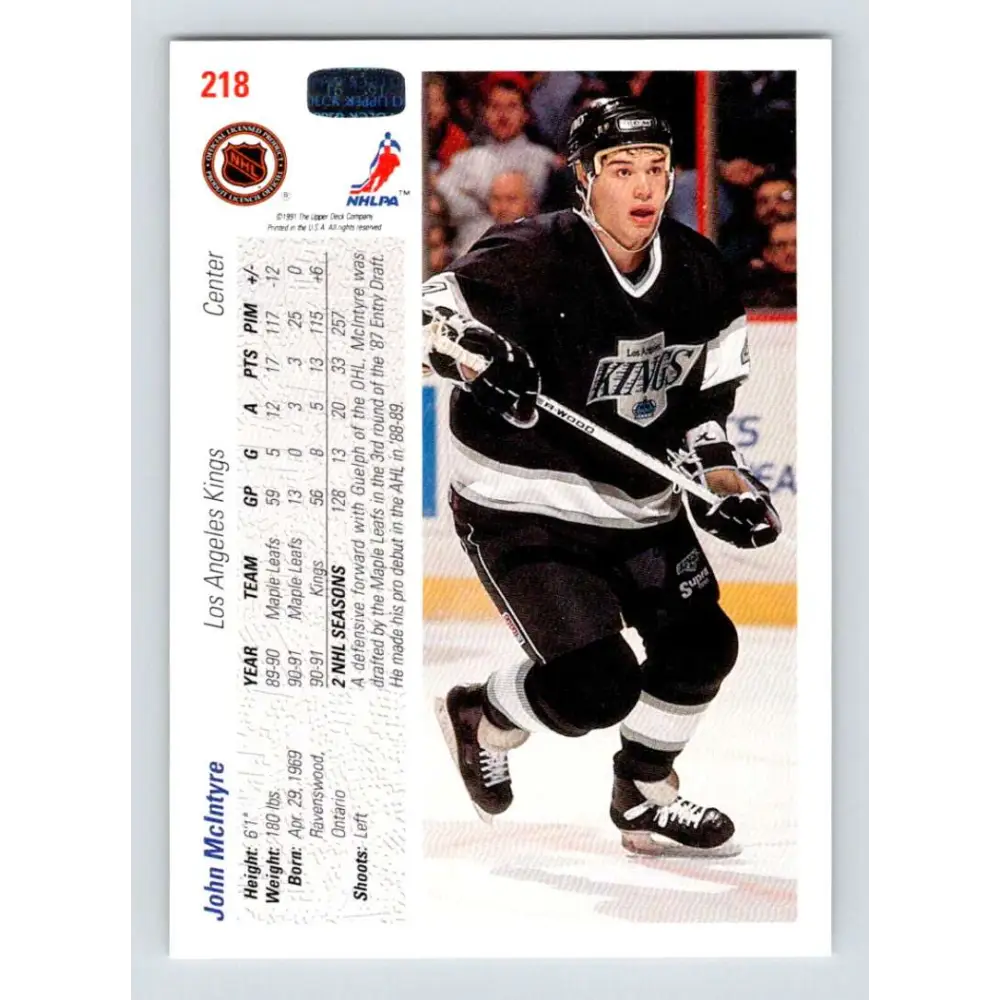 1991-92 Upper Deck #218 John McIntyre NM-MT Los Angeles Kings Hockey Card Image 2