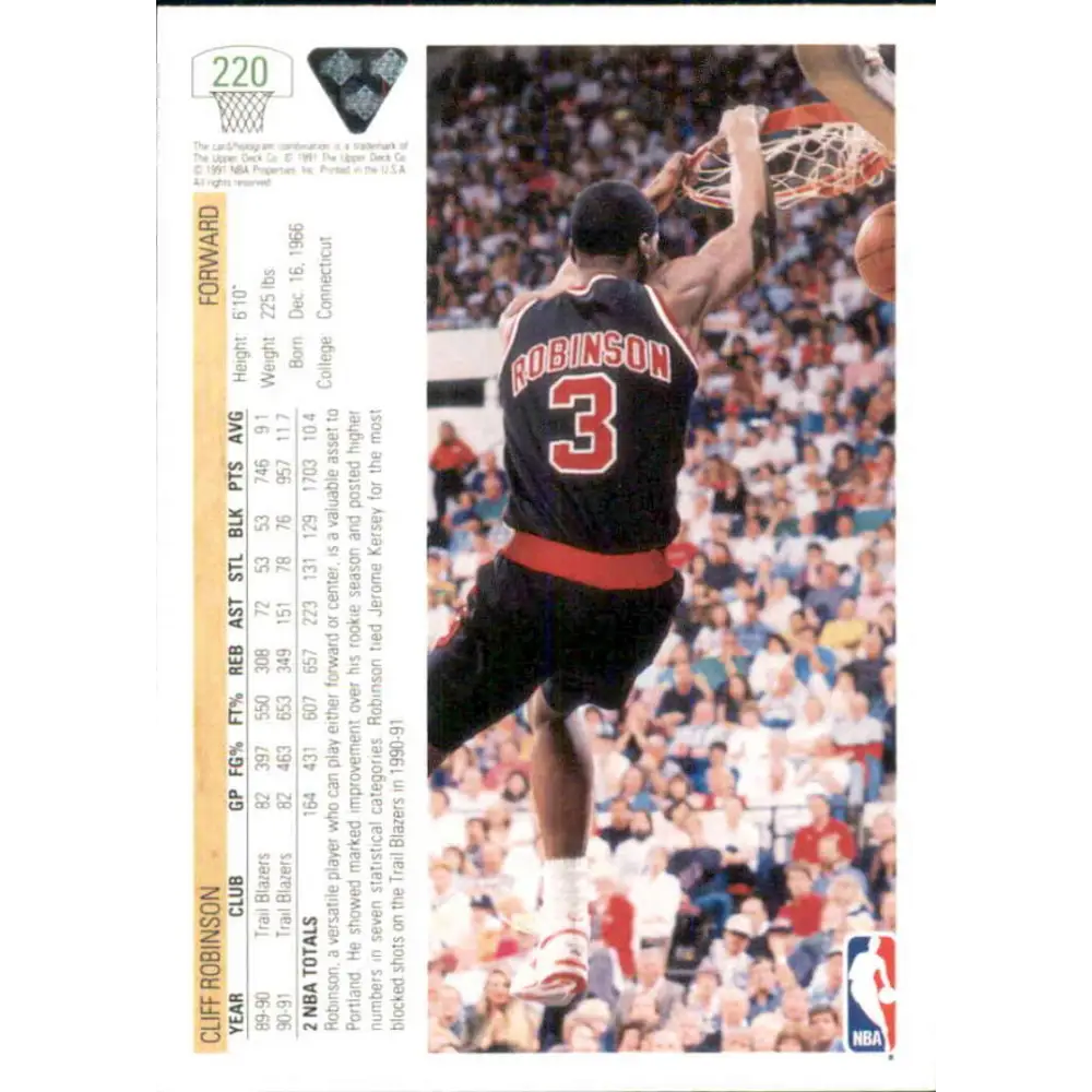 1991-92 Upper Deck #220 Clifford Robinson NM-MT Portland Trail Blazers Basketball Card Image 2