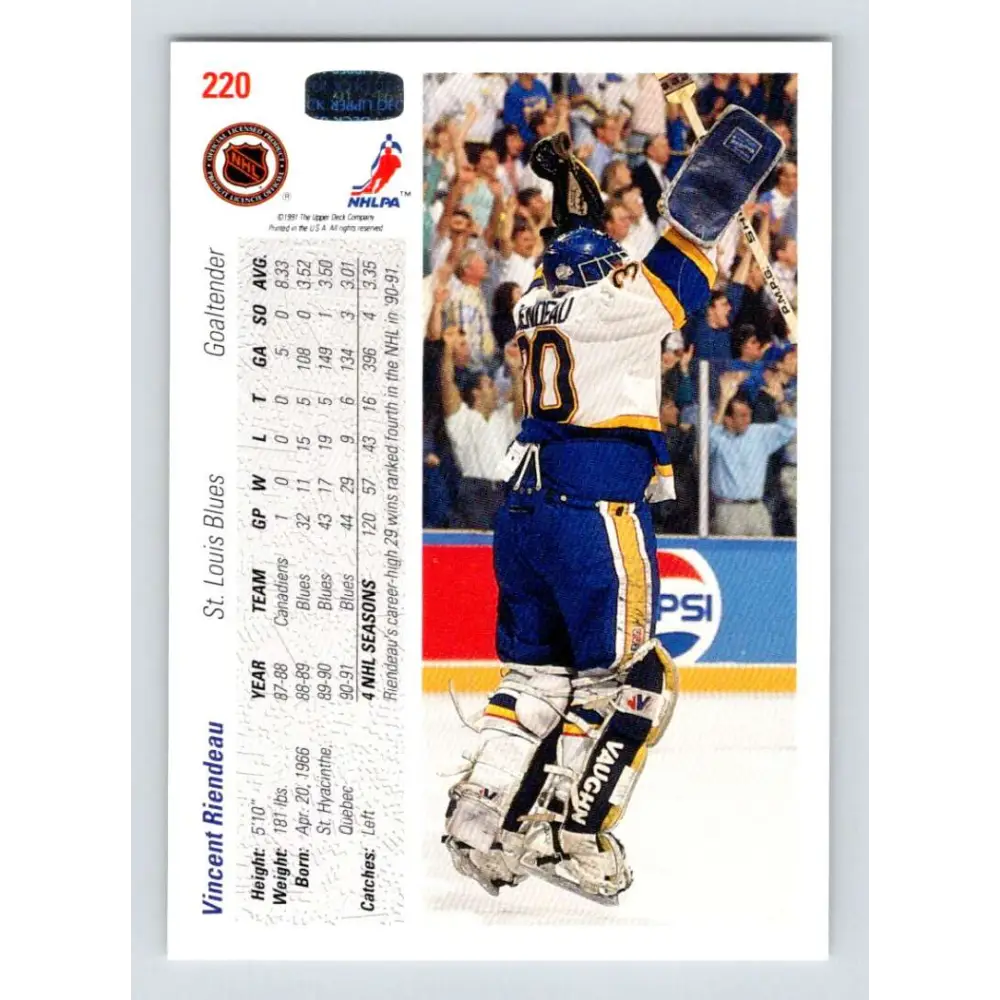 1991-92 Upper Deck #220 Vincent Riendeau NM-MT Hockey Card Image 2