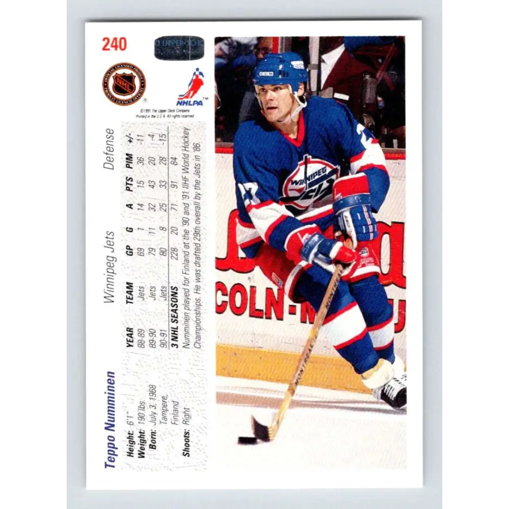 1991-92 Upper Deck #240 Teppo Numminen NM-MT Winnipeg Jets Hockey Card Image 2