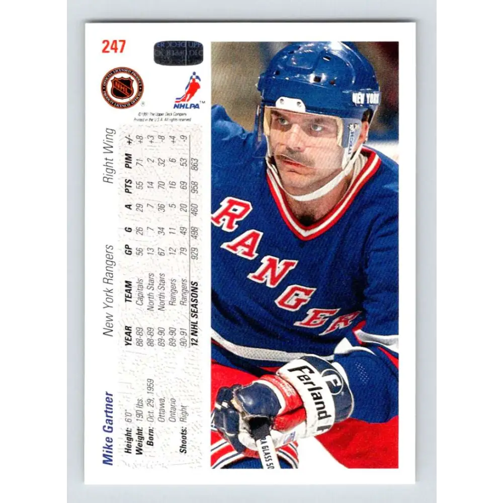 1991-92 Upper Deck #247 Mike Gartner NM-MT New York Rangers Hockey Card Image 2