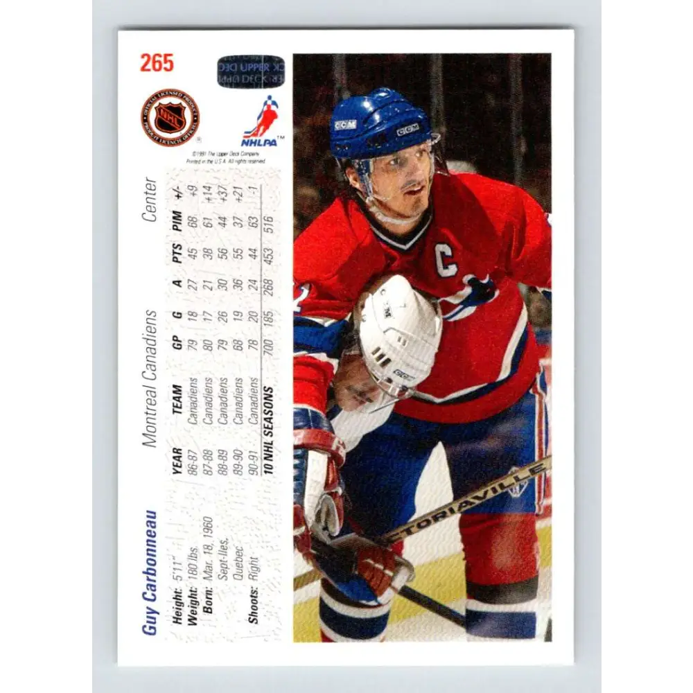 1991-92 Upper Deck #265 Guy Carbonneau NM-MT Montreal Canadiens Hockey Card Image 2