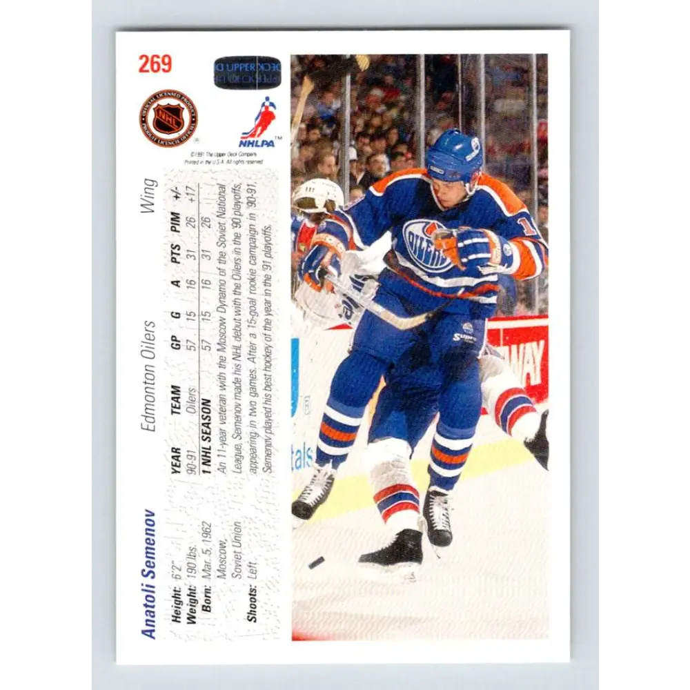 1991-92 Upper Deck #269 Anatoli Semenov NM-MT Edmonton Oilers Hockey Card Image 2