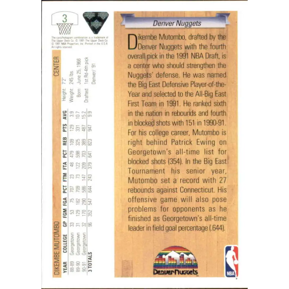 1991-92 Upper Deck #3 Dikembe Mutombo NM-MT RC Rookie Denver Nuggets Basketball Card Image 2