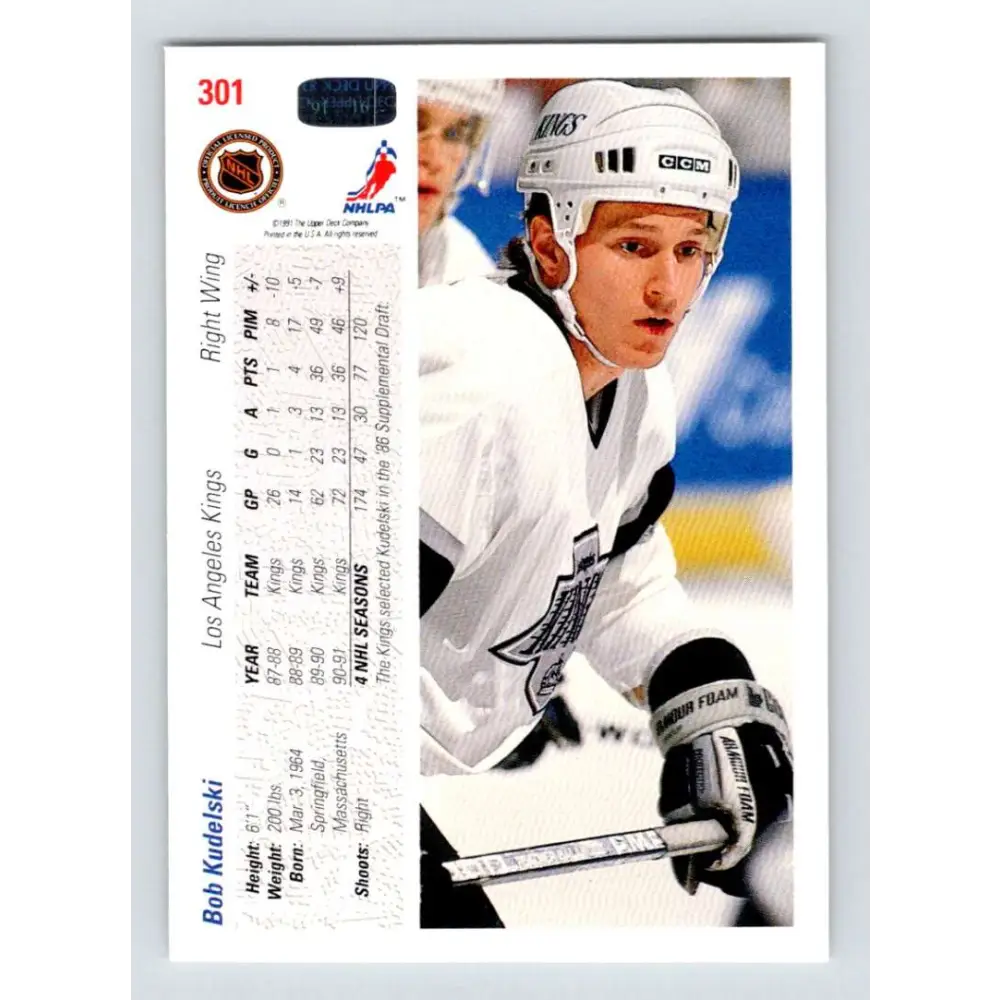 1991-92 Upper Deck #301 Bob Kudelski NM-MT Los Angeles Kings Hockey Card Image 2