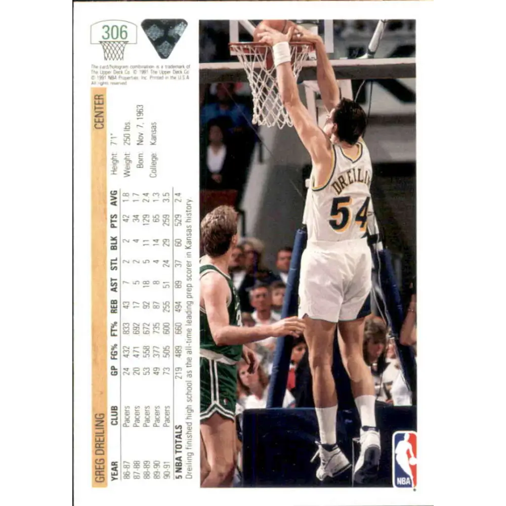 1991-92 Upper Deck #306 Greg Dreiling NM-MT Indiana Pacers Basketball Card Image 2