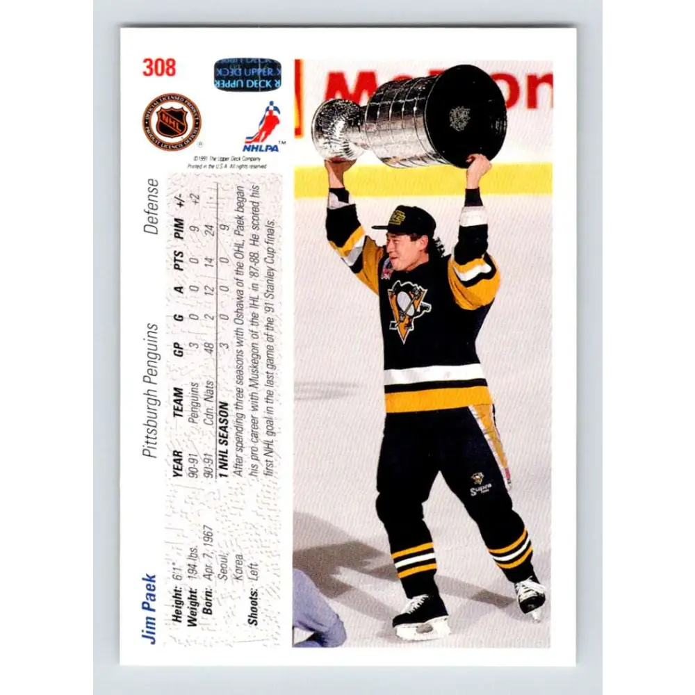 1991-92 Upper Deck #308 Jim Paek NM-MT RC Rookie Pittsburgh Penguins Hockey Card Image 2