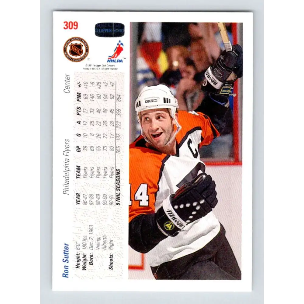 1991-92 Upper Deck #309 Ron Sutter NM-MT Hockey Card Image 2