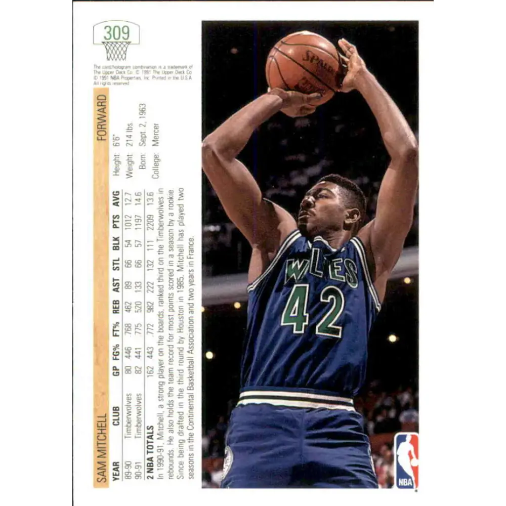 1991-92 Upper Deck #309 Sam Mitchell NM-MT Minnesota Timberwolves Basketball Card Image 2