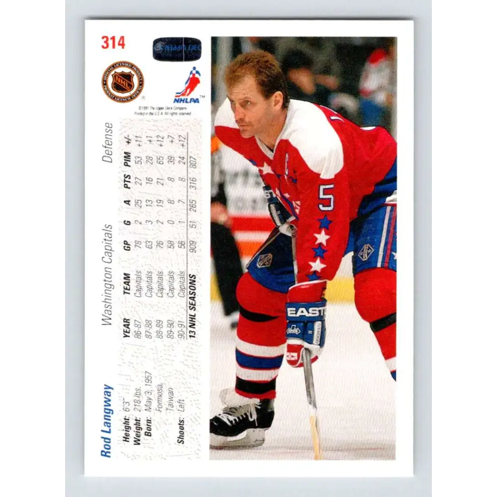 1991-92 Upper Deck #314 Rod Langway NM-MT Washington Capitals Hockey Card Image 2