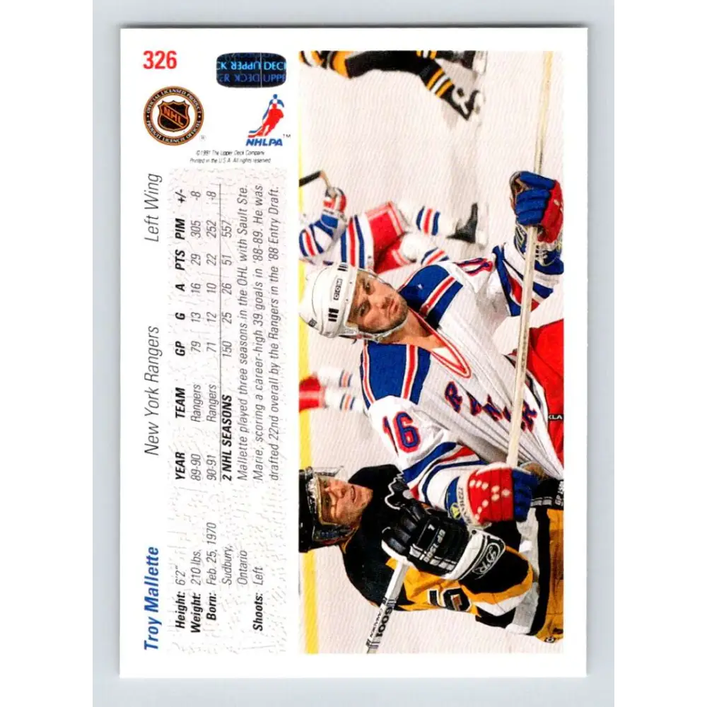 1991-92 Upper Deck #326 Troy Mallette NM-MT Hockey Card Image 2