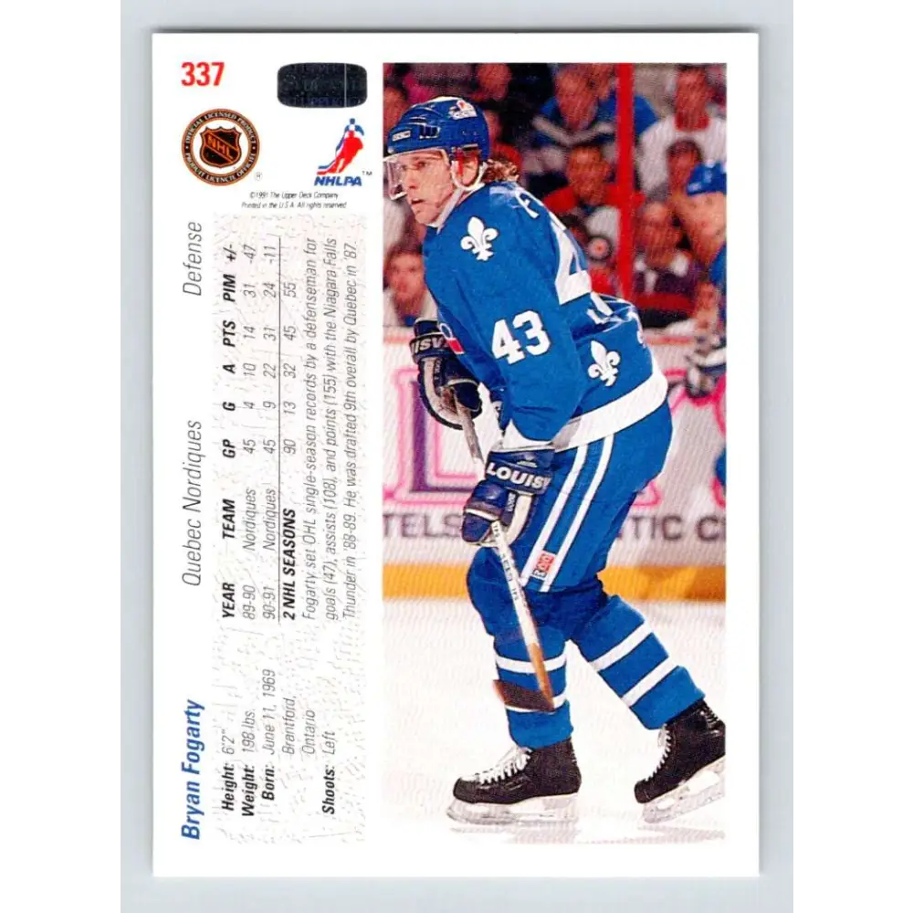 1991-92 Upper Deck #337 Bryan Fogarty NM-MT Quebec Nordiques Hockey Card Image 2
