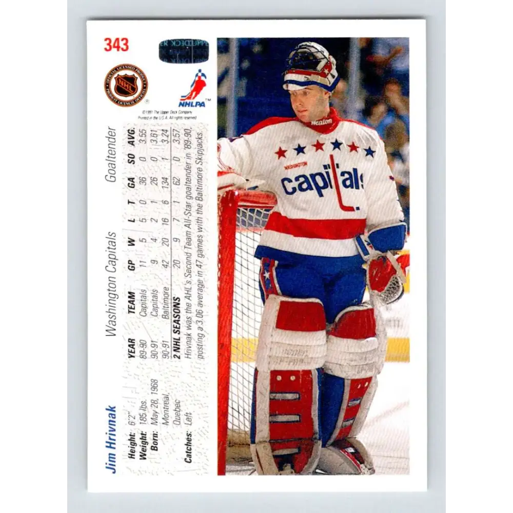 1991-92 Upper Deck #343 Jim Hrivnak NM-MT Washington Capitals Hockey Card Image 2