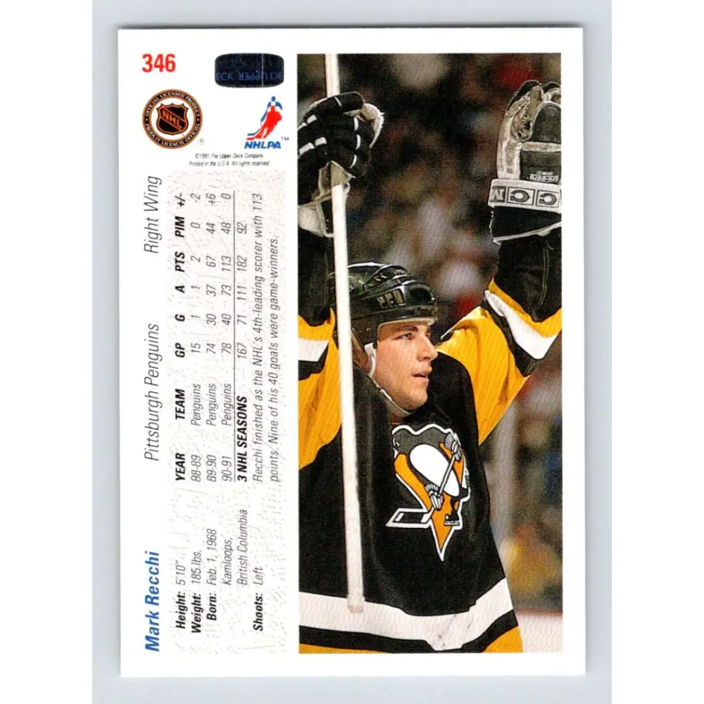 1991-92 Upper Deck #346 Mark Recchi NM-MT Hockey Card Image 2