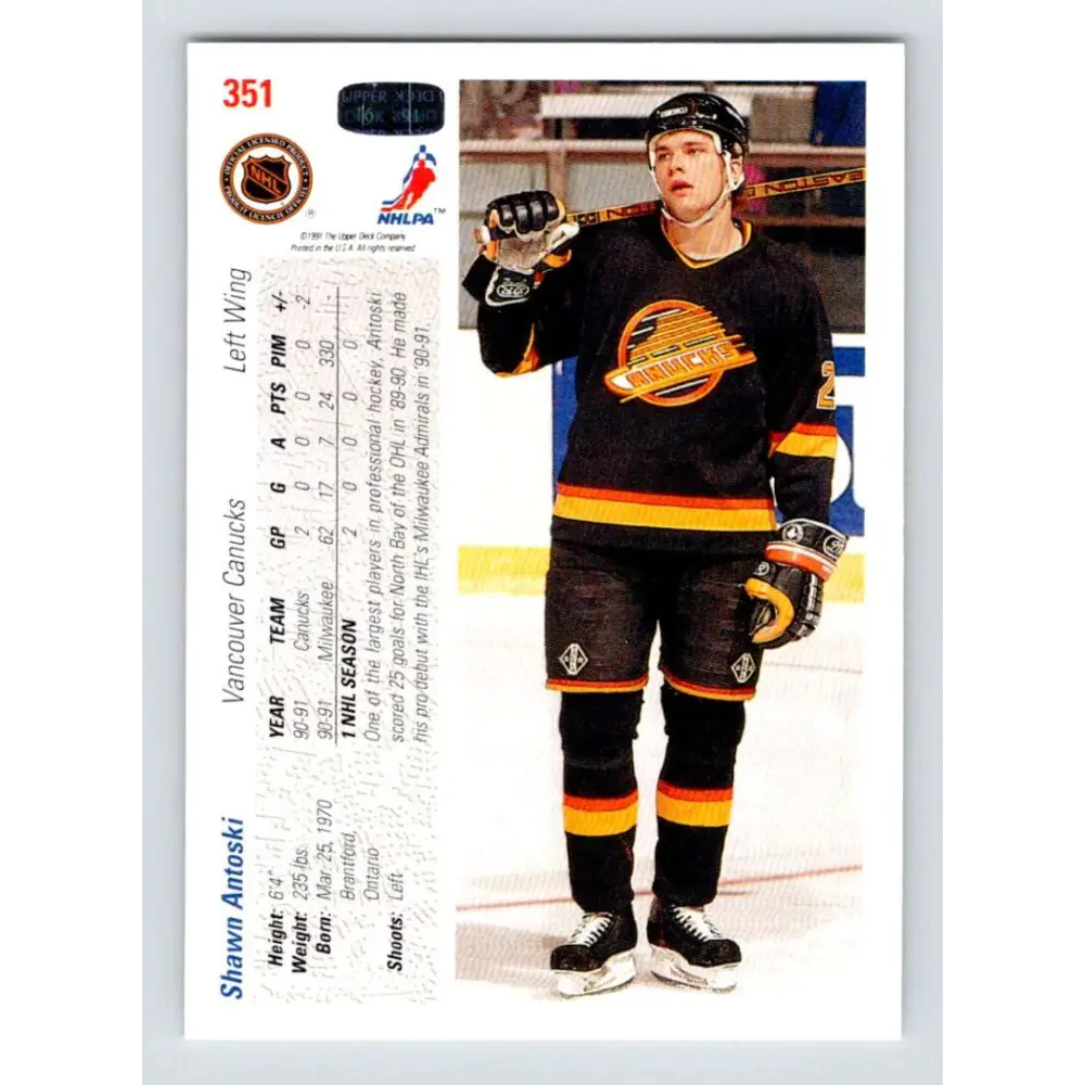 1991-92 Upper Deck #351 Shawn Antoski NM-MT Vancouver Canucks Hockey Card Image 2