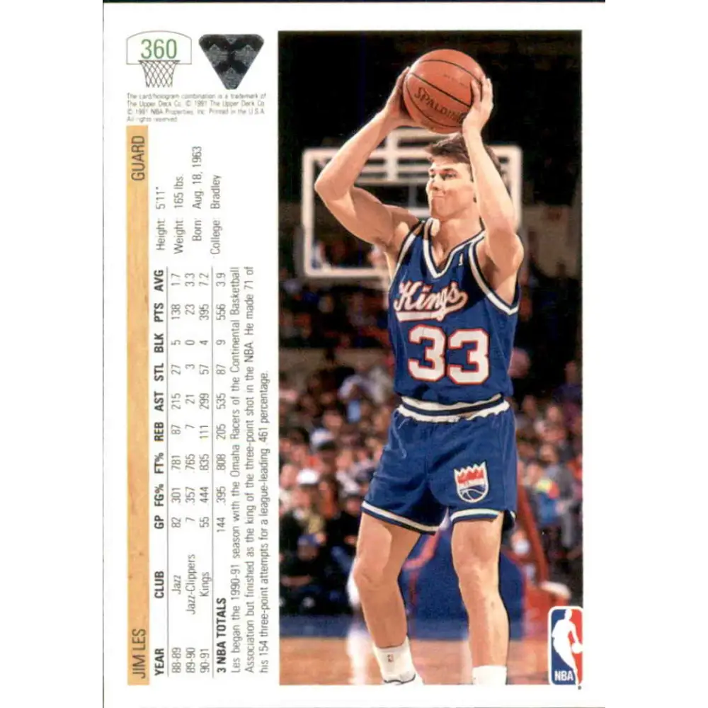 1991-92 Upper Deck #360 Jim Les NM-MT RC Rookie Sacramento Kings Basketball Card Image 2