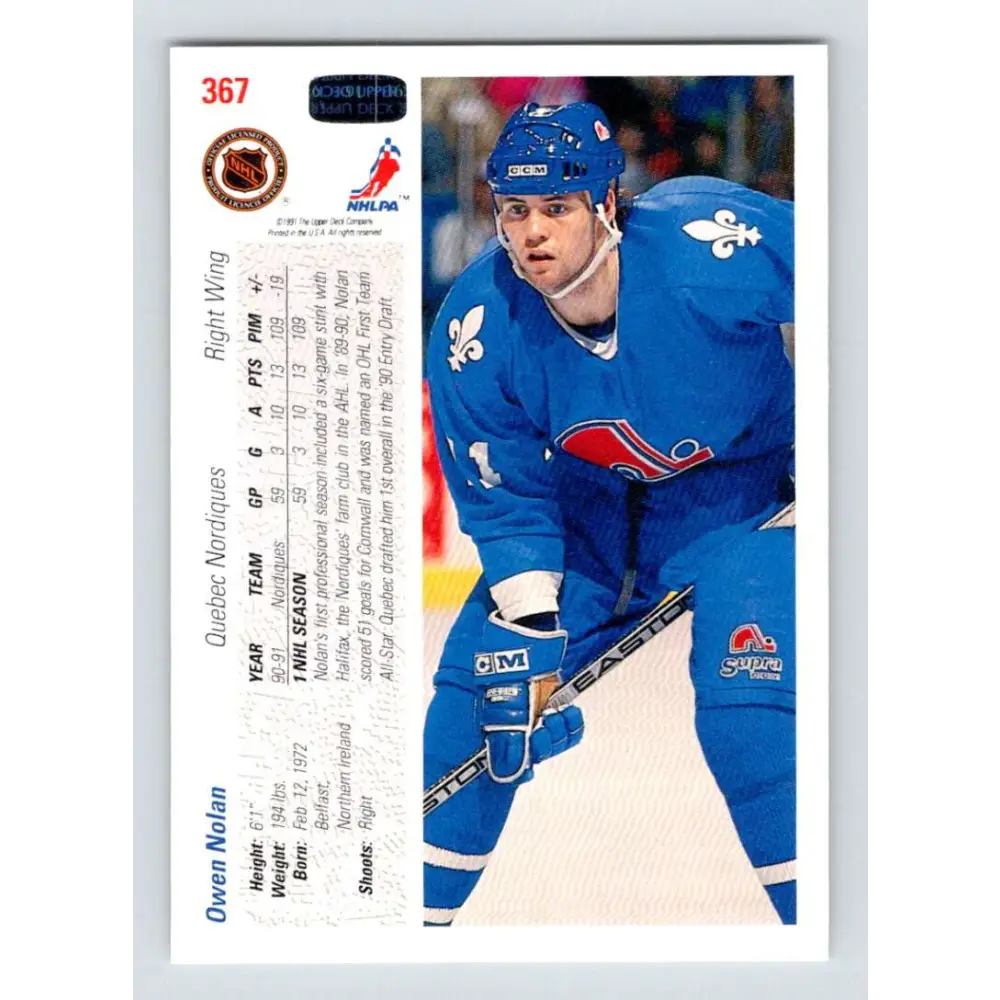 1991-92 Upper Deck #367 Owen Nolan NM-MT Quebec Nordiques Hockey Card Image 2