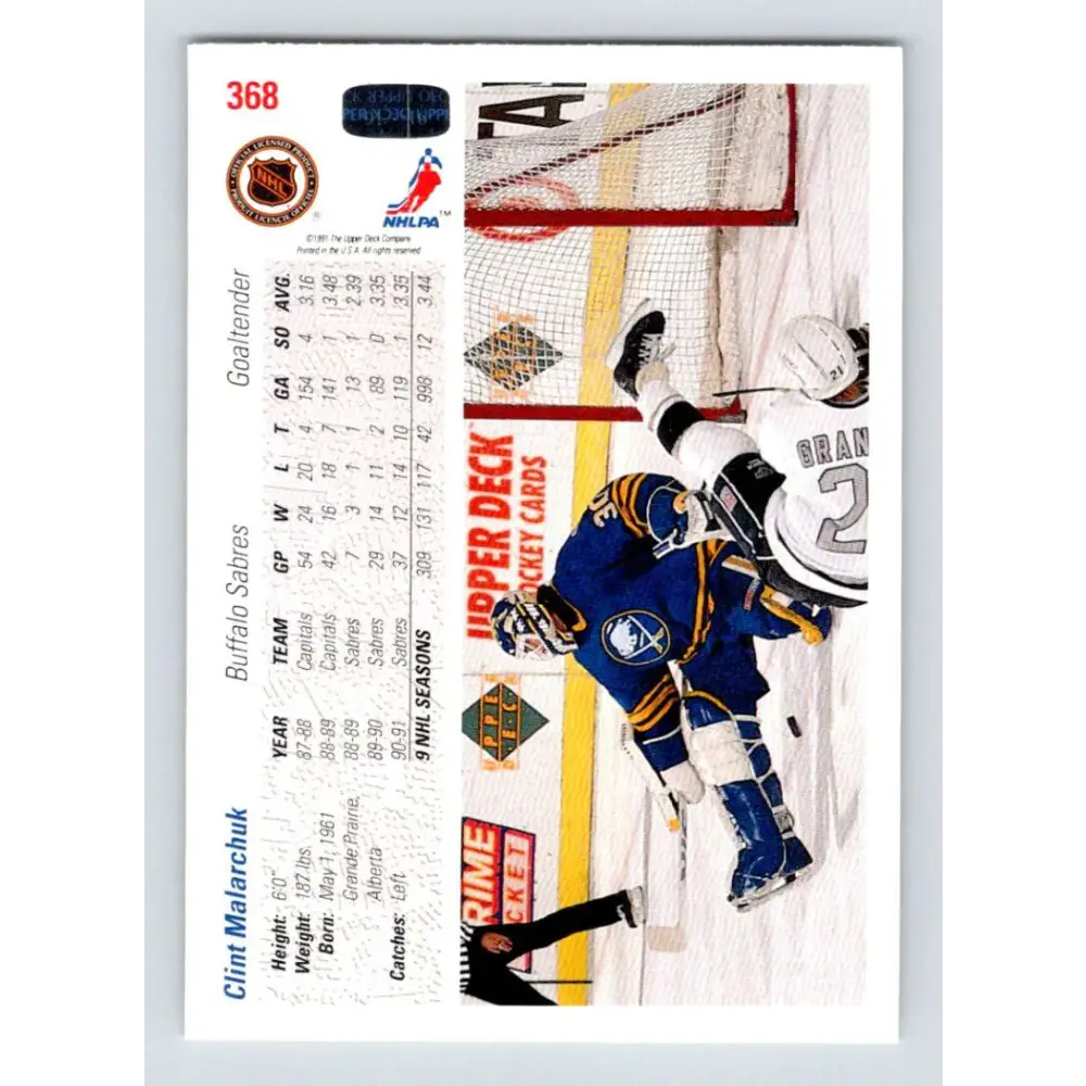 1991-92 Upper Deck #368 Clint Malarchuk NM-MT Buffalo Sabres Hockey Card Image 2
